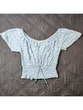 Hippie Rose Cropped Blue Floral Top Women's Small Off Shoulder Boho Coquette